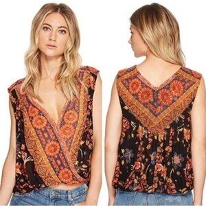 Free People Havana Black Floral Print Sleeveless Surplice Top Size Small